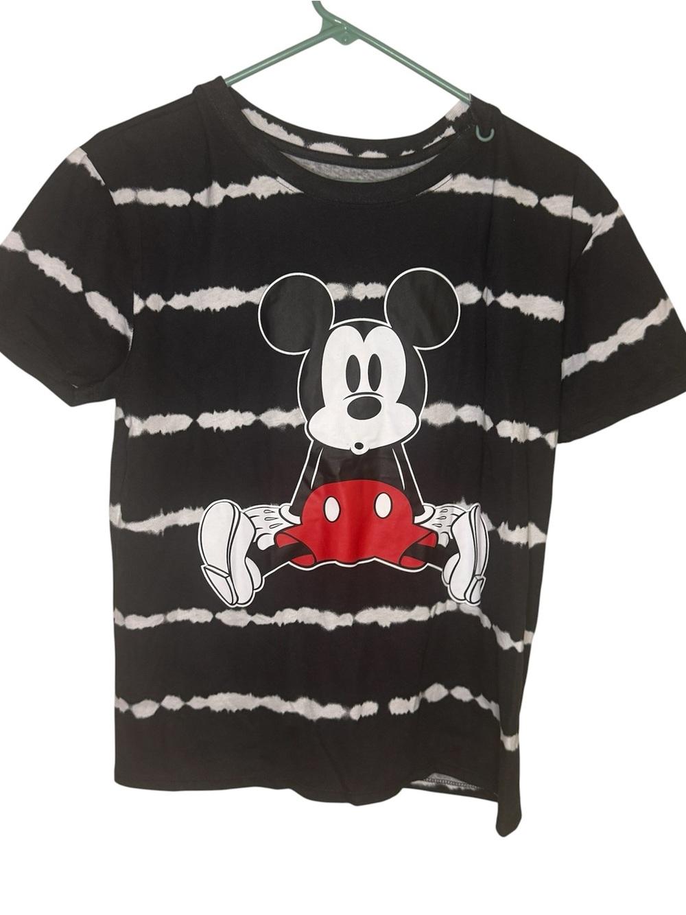 Disney Mickey Mouse Sitting Graphic Tee Black & White Striped Tie Dye Large